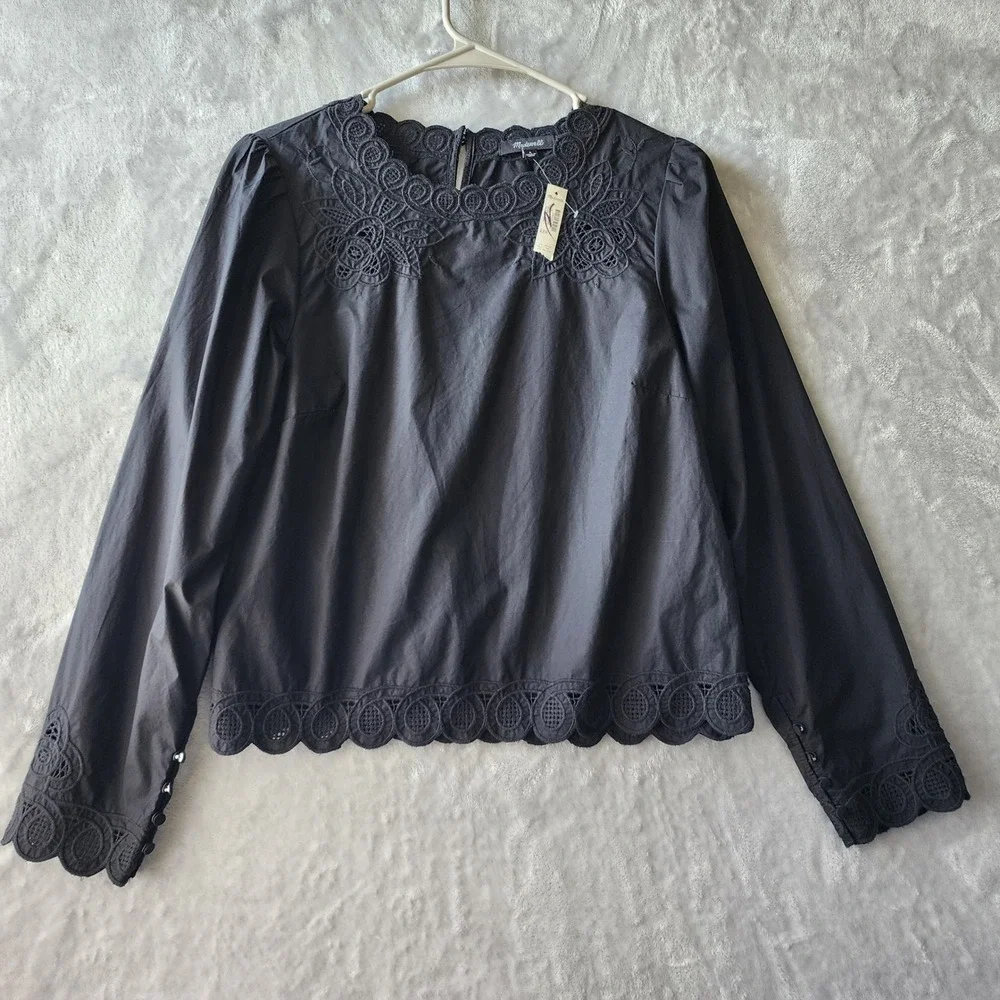 Madewell Top Womens Size Small Embroidered Eyelet Puff Sleeve Black Cotton NWT